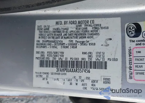 2010 Ford Fusion Sel from USA, damaged, VIN 3FAHP0JAXAR357456